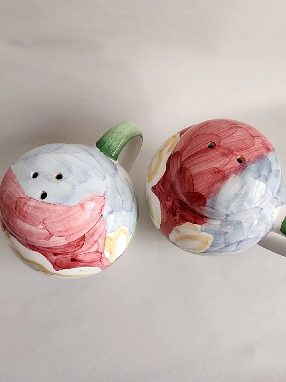 Hand Painted Floral Ceramic Salt & Pepper Shakers with Handles Set of 2